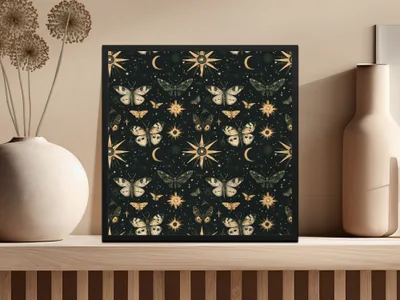 Celestial Flight Moon Stars Butterflies Digital Art, Mystical Night Sky Pattern, Printable Wall Decor - Moore and Mountain