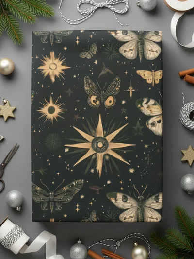 Celestial Flight Moon Stars Butterflies Digital Art, Mystical Night Sky Pattern, Printable Wall Decor - Moore and Mountain