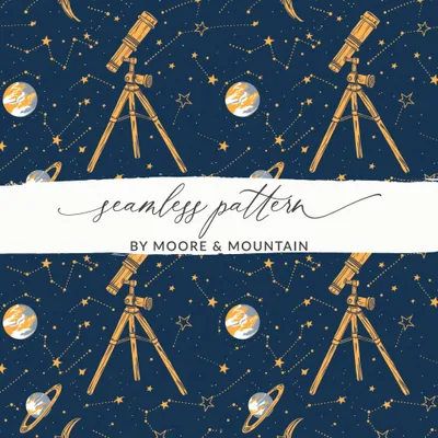 Celestial Seamless Pattern Digital Paper, Telescope, Planets, Stars, Galaxy, Astronomy Design, Scrapbooking, Fabric Print, DIY Project