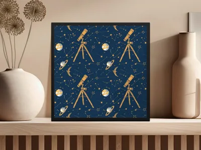 Celestial Seamless Pattern Digital Paper, Telescope, Planets, Stars, Galaxy, Astronomy Design, Scrapbooking, Fabric Print, DIY Project - Moore and Mountain