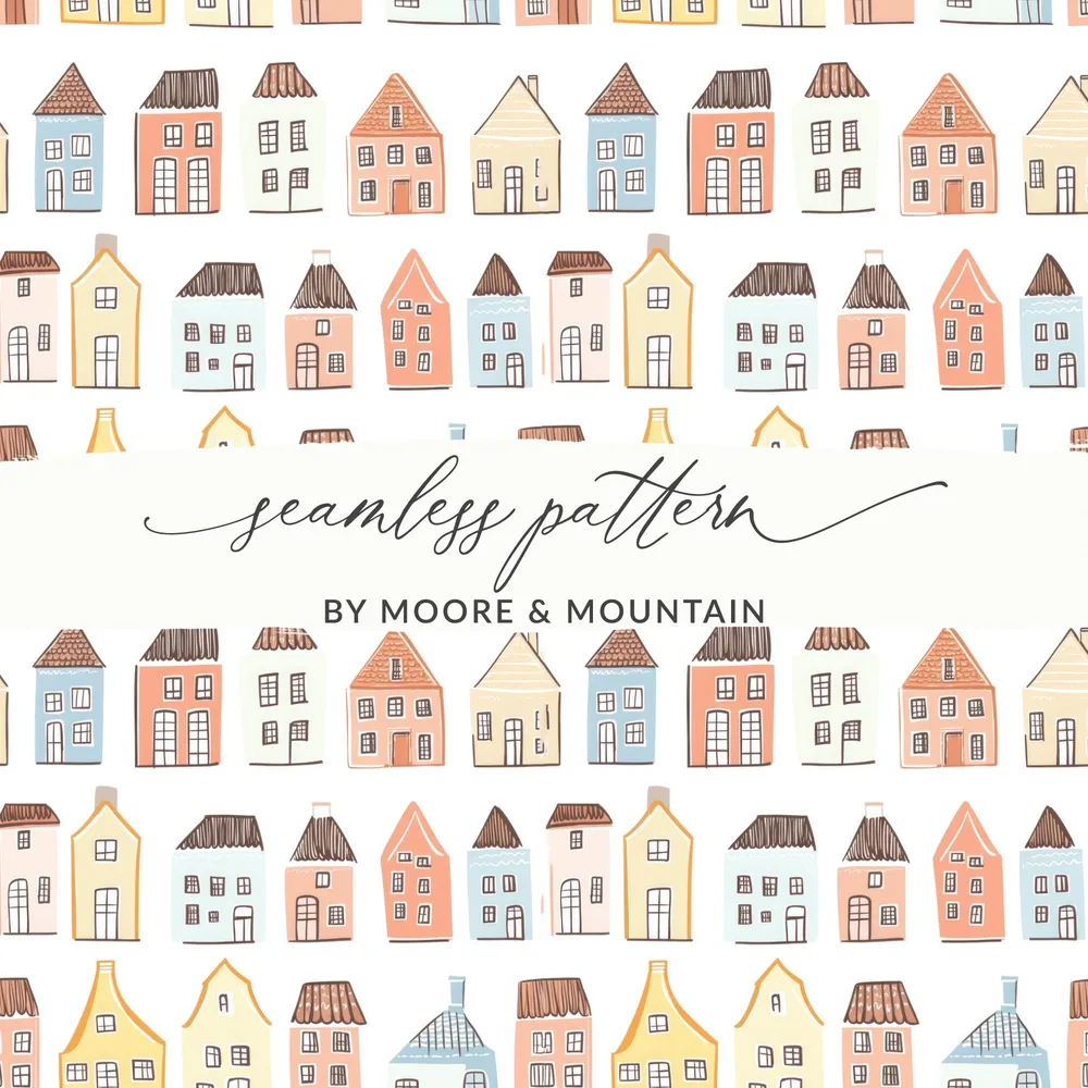 Charming Houses Pastel Colors Pattern Background Digital - Moore and Mountain