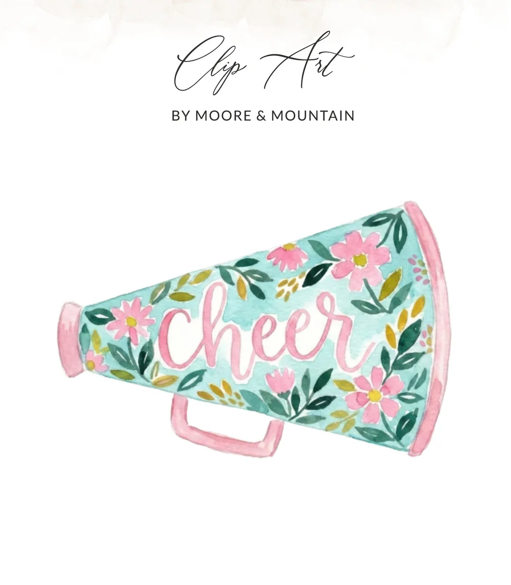Pink and blue floral watercolor megaphone with "cheer" written on it.