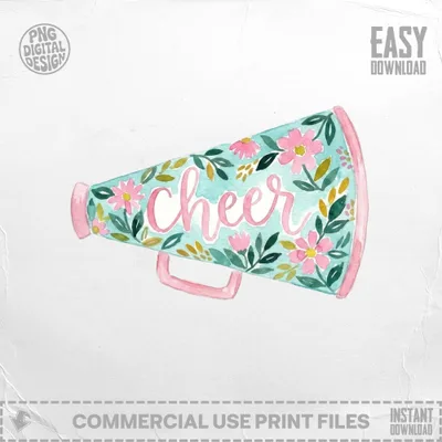 Watercolor megaphone with "cheer" text and floral pattern.