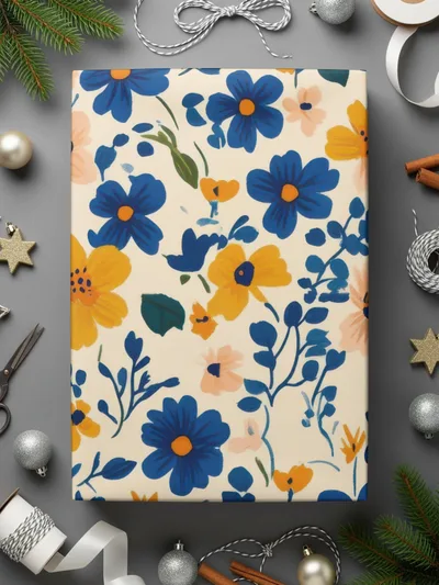 Floral Pattern Blue and Yellow Gift Wrap Sheets