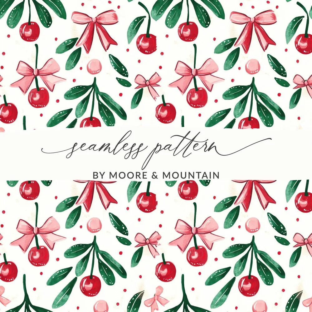 Cherry Bow Digital Seamless Pattern, Repeat File, Watercolor Illustration, Christmas Pattern, Digital Paper, Fabric Design, Digital Download - Moore and Mountain