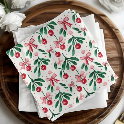 Cherry Bow Digital Seamless Pattern, Repeat File, Watercolor Illustration, Christmas Pattern, Digital Paper, Fabric Design, Digital Download - Moore and Mountain