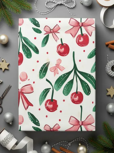 Cherry Bow Digital Seamless Pattern, Repeat File, Watercolor Illustration, Christmas Pattern, Digital Paper, Fabric Design, Digital Download - Moore and Mountain