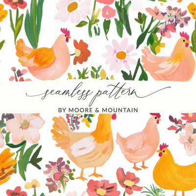 Chicken and Floral Digital Paper, Seamless Pattern Download, Farmhouse Digital Print, Spring Background, Country Chic Printable, Tileable