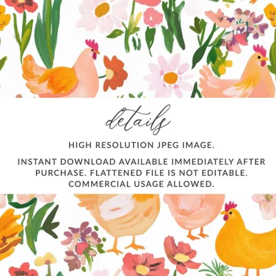 Chicken and Floral Digital Paper, Seamless Pattern Download, Farmhouse Digital Print, Spring Background, Country Chic Printable, Tileable - Moore and Mountain