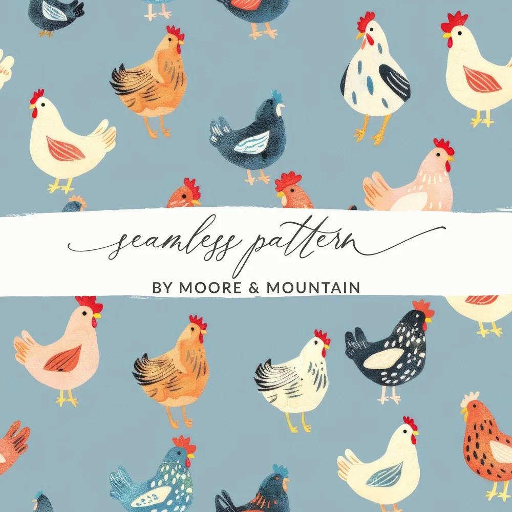 Chicken Digital Paper, Farm Animal Pattern, Light Blue Background, Red, Orange, Black, White, Cute Hen Fabric, Spring Digital - Moore and Mountain