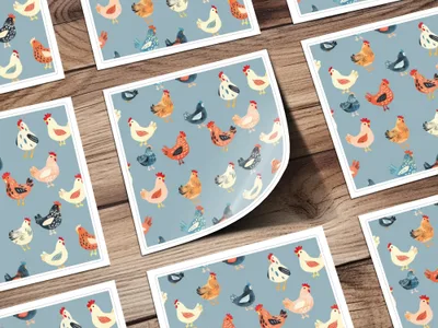 Chicken Digital Paper, Farm Animal Pattern, Light Blue Background, Red, Orange, Black, White, Cute Hen Fabric, Spring Digital - Moore and Mountain