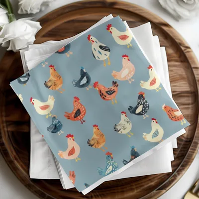 Chicken Digital Paper, Farm Animal Pattern, Light Blue Background, Red, Orange, Black, White, Cute Hen Fabric, Spring Digital - Moore and Mountain