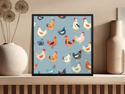 Chicken Digital Paper, Farm Animal Pattern, Light Blue Background, Red, Orange, Black, White, Cute Hen Fabric, Spring Digital - Moore and Mountain