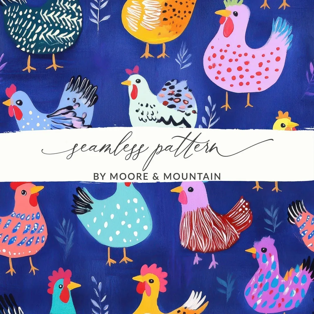 Chicken Digital Paper, Farmhouse Design, Colorful Chicken Pattern, Seamless Digital Download, Digital Paper Pack, Crafting Supplies, 2 JPEGs - Moore and Mountain