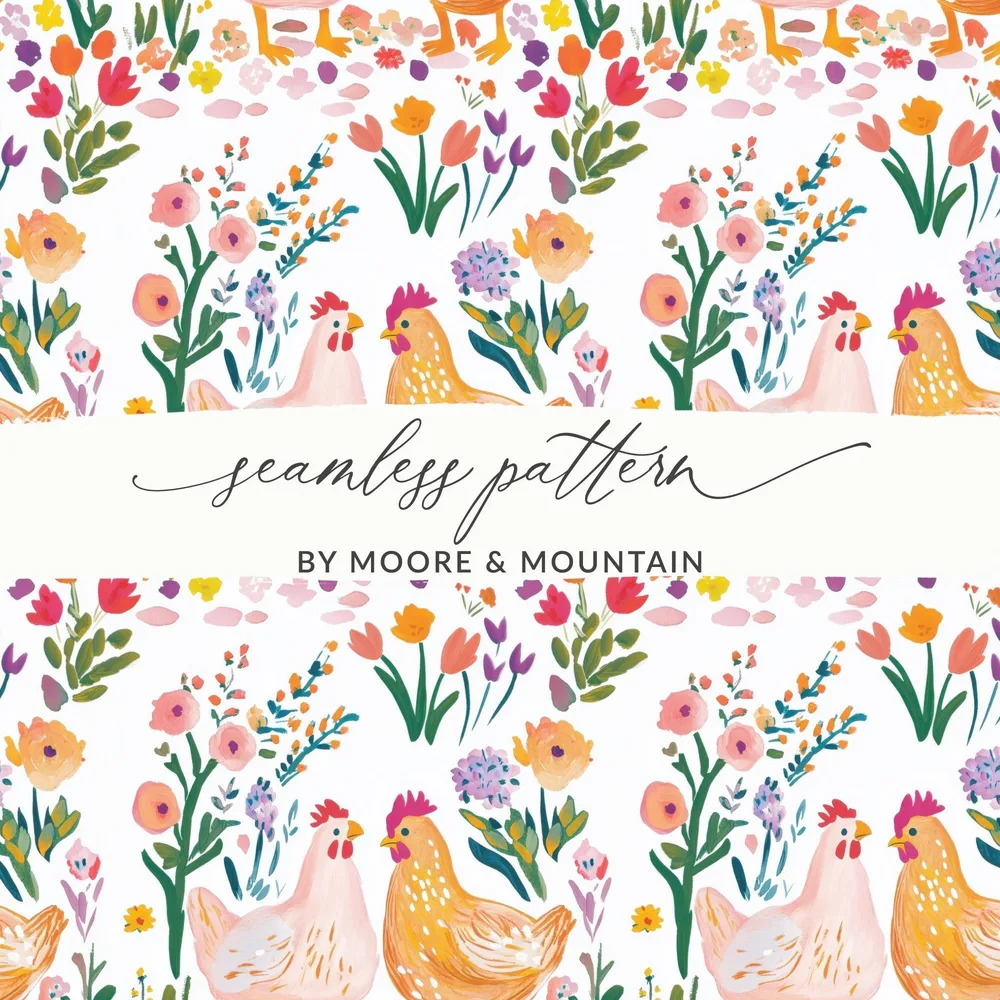 Chicken Floral Digital Paper, Seamless Pattern File, Farmhouse Print, Spring Fabric Design, Repeat Pattern, 12x12 JPEG for Crafts - Moore and Mountain