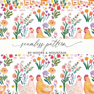 Chicken Floral Digital Paper, Seamless Pattern File, Farmhouse Print, Spring Fabric Design, Repeat Pattern, 12x12 JPEG for Crafts