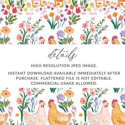 Chicken Floral Digital Paper, Seamless Pattern File, Farmhouse Print, Spring Fabric Design, Repeat Pattern, 12x12 JPEG for Crafts - Moore and Mountain