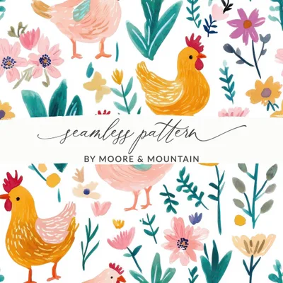 Chicken Floral Digital Paper, Seamless Pattern, Spring Flowers Design, Fabric Design, Scrapbook Paper, Digital Download, Two Scales