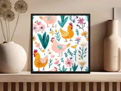 Chicken Floral Digital Paper, Seamless Pattern, Spring Flowers Design, Fabric Design, Scrapbook Paper, Digital Download, Two Scales - Moore and Mountain