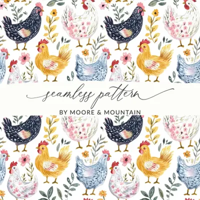 Chicken Floral Digital Seamless Pattern, Farmhouse Animals Digital Paper, Watercolor Chicken Illustration, Digital Download Includes 2 JPEGs