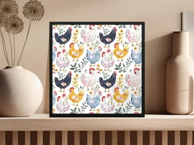 Chicken Floral Digital Seamless Pattern, Farmhouse Animals Digital Paper, Watercolor Chicken Illustration, Digital Download Includes 2 JPEGs - Moore and Mountain
