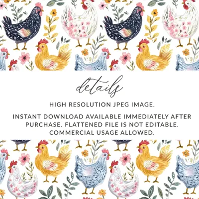 Chicken Floral Digital Seamless Pattern, Farmhouse Animals Digital Paper, Watercolor Chicken Illustration, Digital Download Includes 2 JPEGs - Moore and Mountain