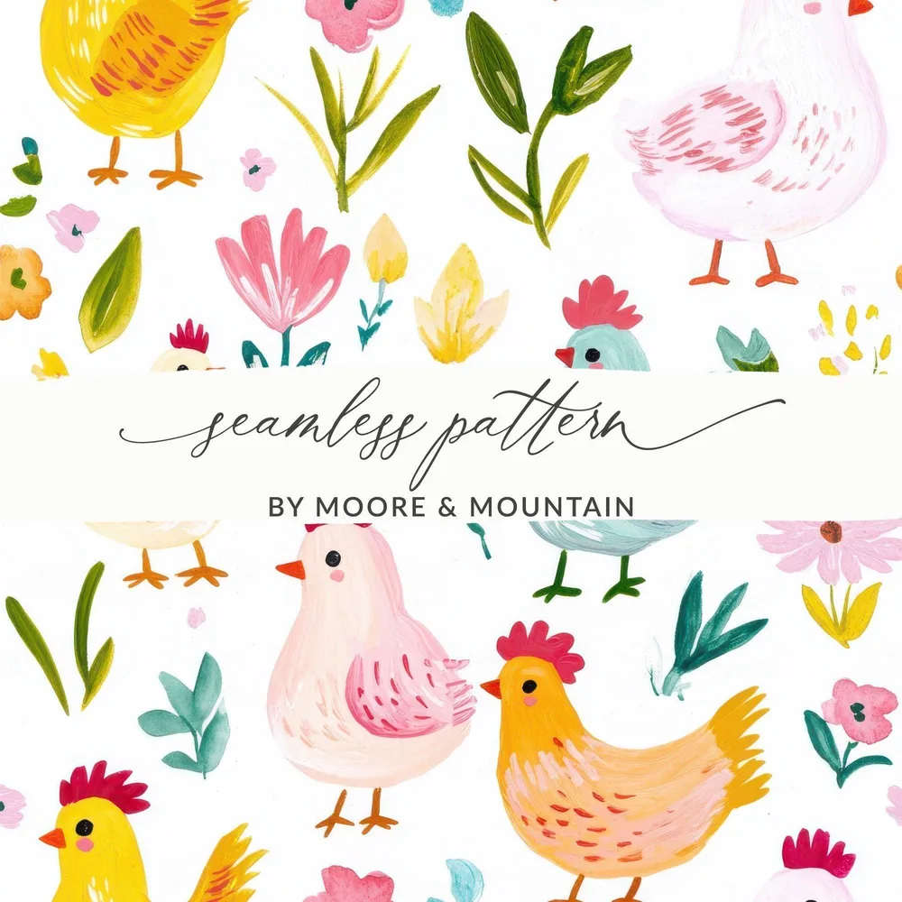 Chicken Seamless Pattern Digital, Farm Animal Art, Floral Repeat File, Watercolor Clipart, Poultry Design, JPEG Files for Fabric, Crafts