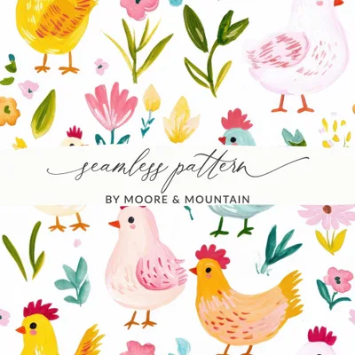 Chicken Seamless Pattern Digital, Farm Animal Art, Floral Repeat File, Watercolor Clipart, Poultry Design, JPEG Files for Fabric, Crafts