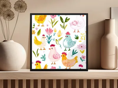 Chicken Seamless Pattern Digital, Farm Animal Art, Floral Repeat File, Watercolor Clipart, Poultry Design, JPEG Files for Fabric, Crafts