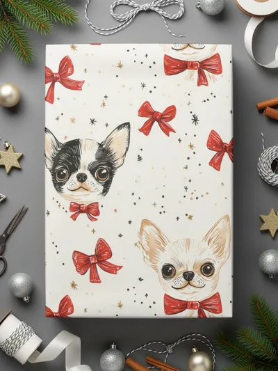 Chihuahua Digital Paper, Red Bow, Cute Puppy Pattern, Seamless Design, Dog Lover Print, Pet Portrait Scrapbook Paper, Beige Background - Moore and Mountain