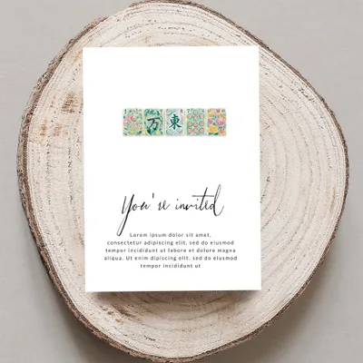 Invitation card with floral tiles, "You're invited" text, and placeholder lorem ipsum.