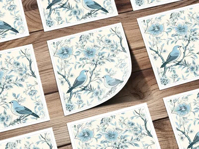 Chinoiserie Vines and Birds Seamless Pattern With Flowers Pattern Artwork Sky Blue Theme Digital - Moore and Mountain
