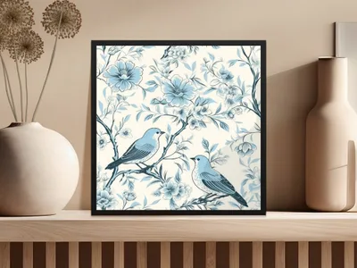 Chinoiserie Vines and Birds Seamless Pattern With Flowers Pattern Artwork Sky Blue Theme Digital - Moore and Mountain