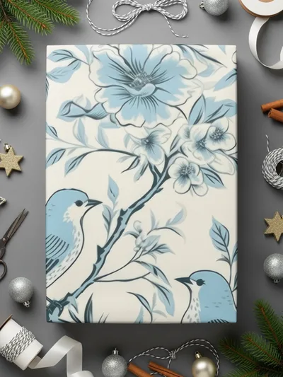 Chinoiserie Vines and Birds Seamless Pattern With Flowers Pattern Artwork Sky Blue Theme Digital - Moore and Mountain