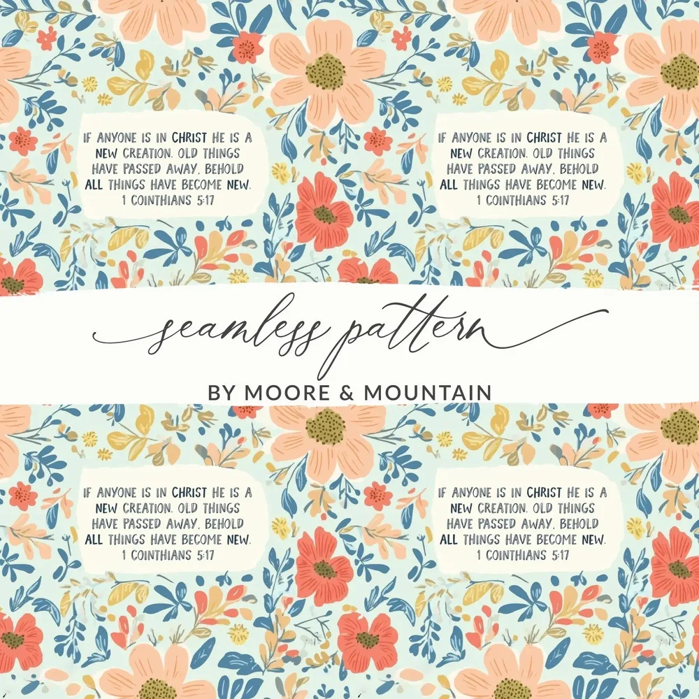 Christian Floral Digital Paper, Seamless Pattern, Scripture Art, Digital Download, Commercial Use, Print on Demand, JPEG, 12x12 Inch - Moore and Mountain