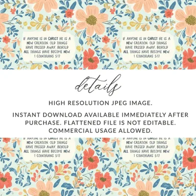 Christian Floral Digital Paper, Seamless Pattern, Scripture Art, Digital Download, Commercial Use, Print on Demand, JPEG, 12x12 Inch - Moore and Mountain