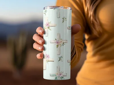 Floral Cross Design Insulated Tumbler Cup