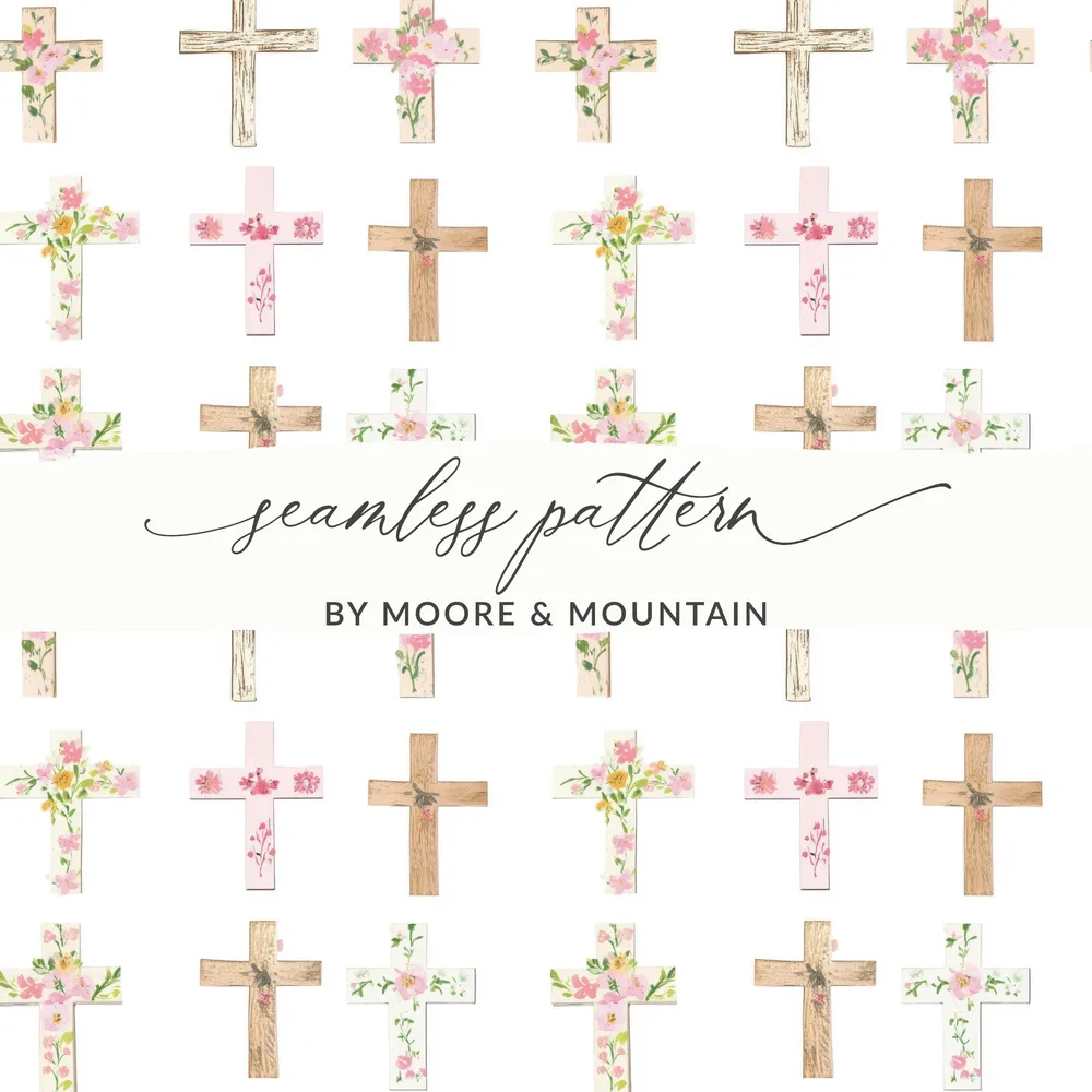 Seamless Pattern with Floral and Wooden Cross Design