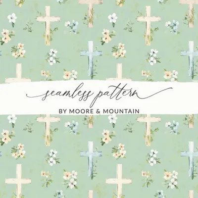 Christian Seamless, Religious Cross, Floral Digital Paper, Easter Scrapbook Paper, Watercolor Crosses Pattern, Pastel Green Fabric Design
