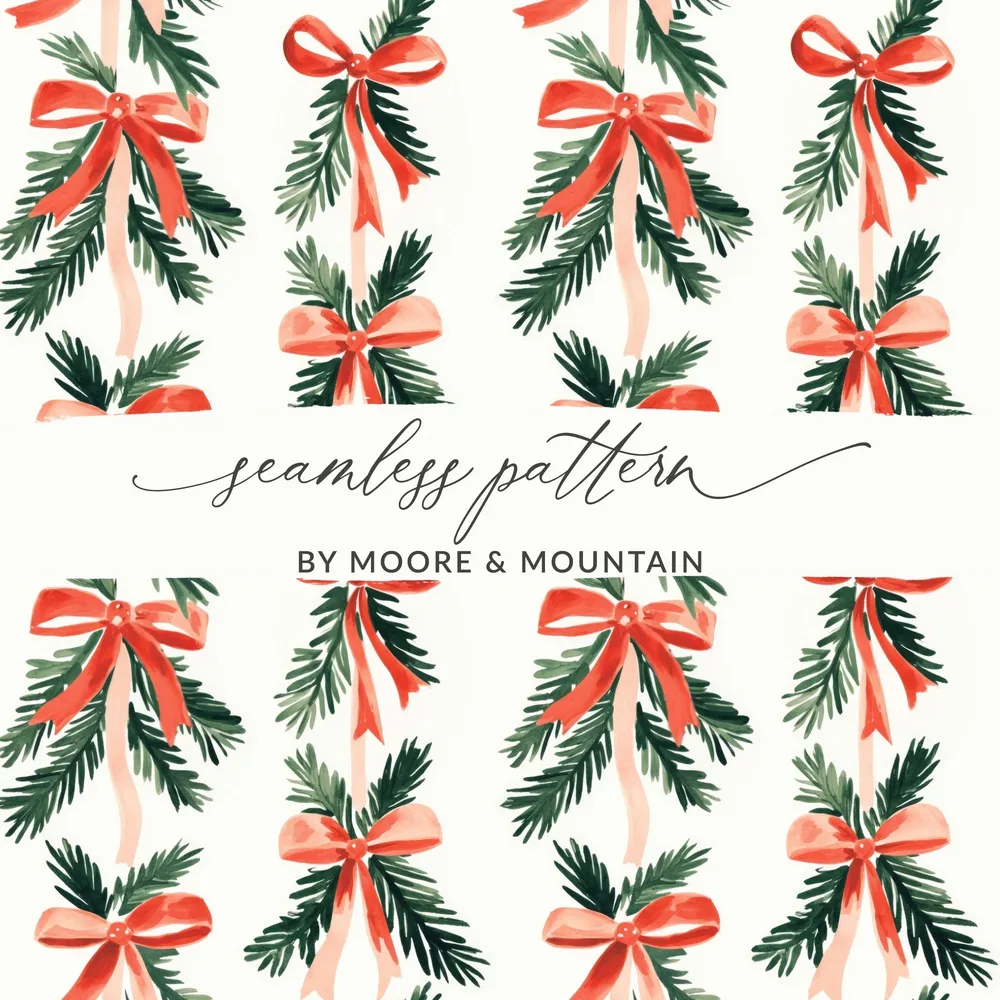 Christmas Bow Seamless Pattern Digital Paper, Holiday Scrapbook Paper, Festive Design, Watercolor Pine Branches, Gift Wrap DIY - Moore and Mountain