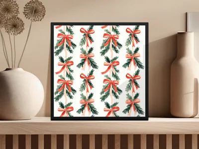 Christmas Bow Seamless Pattern Digital Paper, Holiday Scrapbook Paper, Festive Design, Watercolor Pine Branches, Gift Wrap DIY - Moore and Mountain