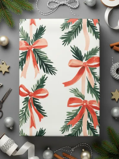 Christmas Bow Seamless Pattern Digital Paper, Holiday Scrapbook Paper, Festive Design, Watercolor Pine Branches, Gift Wrap DIY - Moore and Mountain