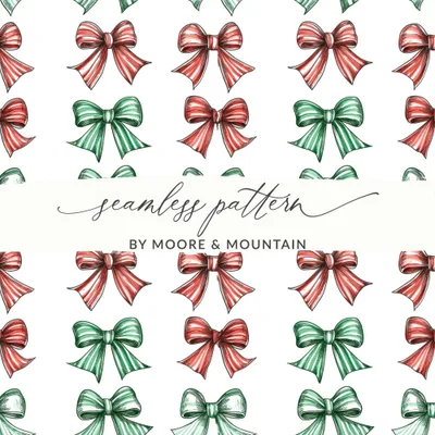 Bows Digital Paper, Seamless Pattern, Coquette Christmas Holiday Bows Fabric Design, Pink, Green Bows,  Festive Background, Scrapbooking Paper, Digital Download