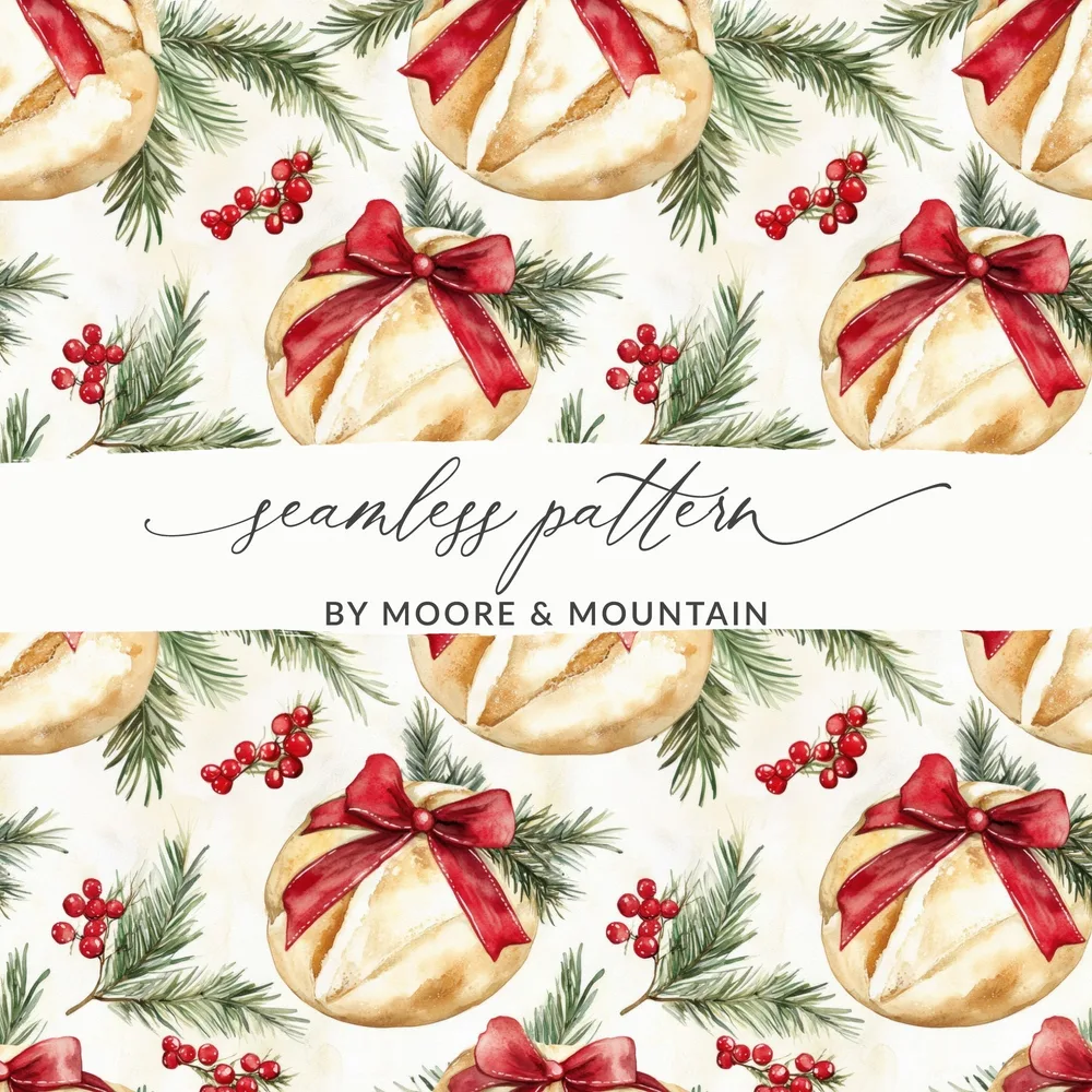 Christmas Bread Digital Paper, Holiday Baking Seamless Pattern, Winter Berries Background, Festive Repeat for Fabric and Crafts - Moore and Mountain