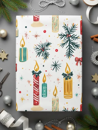 Christmas Candle Digital Paper, Holiday Pattern for Scrapbooking, Red Bow Seamless Pattern, Winter Clipart Background, Teal Gold Candles - Moore and Mountain