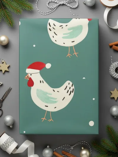 Christmas Chicken Digital Paper, Teal Holiday Pattern, Cute Rooster Print, Santa Hat Animal Illustration, Festive Wallpaper, Digital - Moore and Mountain