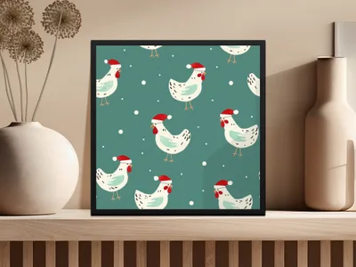 Christmas Chicken Digital Paper, Teal Holiday Pattern, Cute Rooster Print, Santa Hat Animal Illustration, Festive Wallpaper, Digital - Moore and Mountain