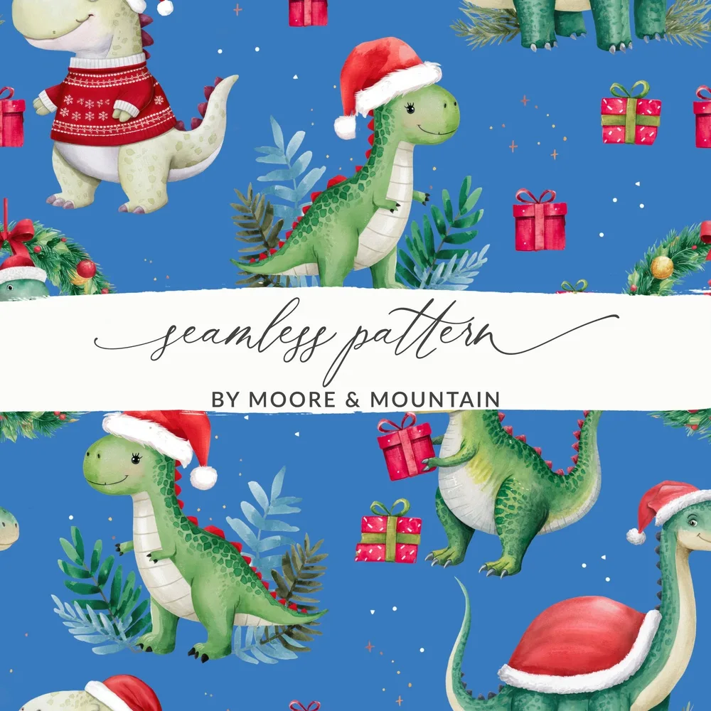 Christmas Dinosaur Digital Paper, Green Red Dino Seamless Pattern, Holiday Animal Print, Kids Fabric Design, Festive Digital Download - Moore and Mountain