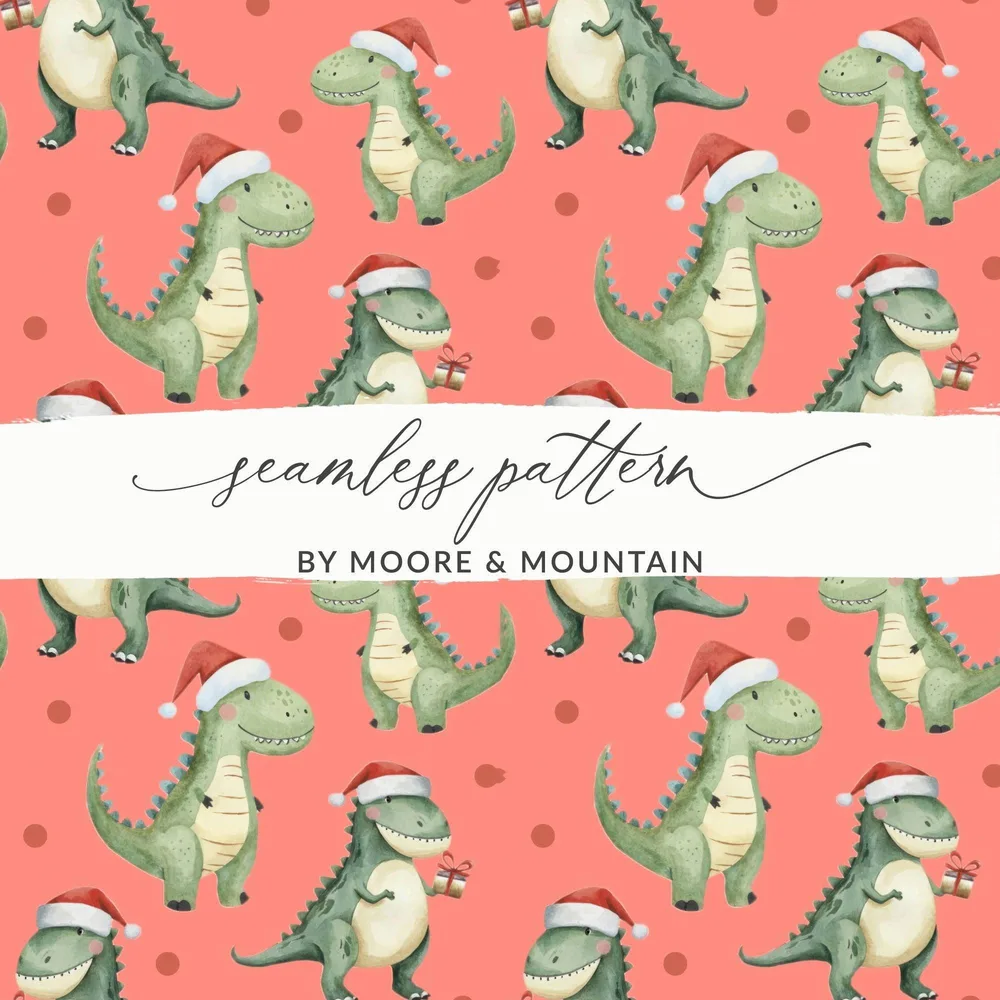 Christmas Dinosaur Seamless Pattern Digital, Holiday Dino Pattern, Festive Repeat Pattern, Cute Dinosaur Art, Christmas Fabric Design - Moore and Mountain
