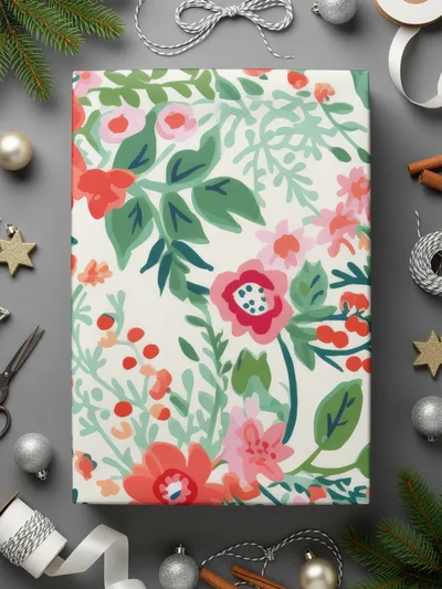 Festive Floral Gift Wrap with Red Green and Pink Pattern